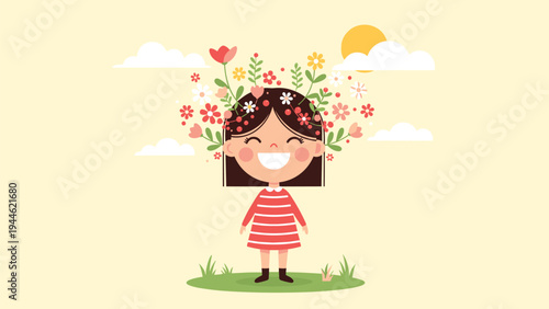 Joyful illustration of a happy young girl with colorful flowers blooming in her hair standing in a sunny outdoor landscape.
