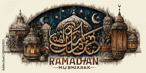 Elegant Ramadan Kareeem greeting card featuring golden Arabic calligraphy on a luxurious blue background with intricate patterns.