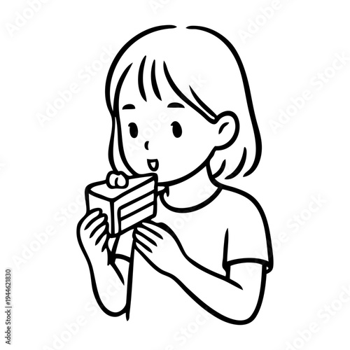 Dibujo sencillo con líneas de una niña comiendo una porción de tarta con las manos 