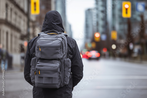 Rear view of man wearing black hoodie and grey tactical backpack walking in city street