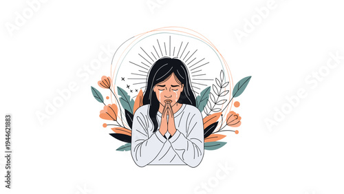 Emotional illustration of a young woman with closed eyes and folded hands praying or crying surrounded by stylized flowers and light rays.