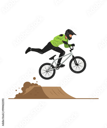 Mountain biker jumping dirt ramp action sports vector illustration flat design