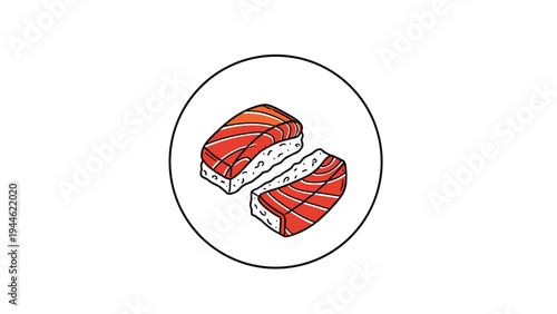 Traditional japanese food illustration showing two pieces of fresh salmon nigiri sushi placed inside a circular frame.