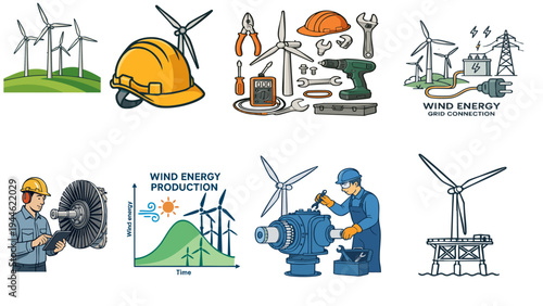 Wind energy turbine operations renewable power industry vector icon set
