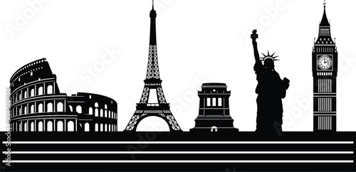 Global landmark silhouettes, Colosseum, Eiffel Tower, Statue of Liberty, Big Ben, cultural heritage vector, international travel design, architectural art elements