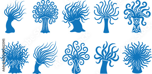 Set of abstract curly tree silhouettes with swirling branches, decorative fantasy plant shapes, blue vector collection for logo design, nature illustration, organic ornamental elements