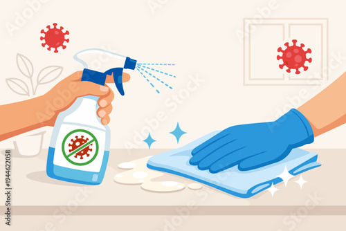 Hand using antibacterial spray and gloved hand wiping surface with cloth to disinfect and prevent spread of coronavirus or flu virus. Sanitizing home or office for health and safety.