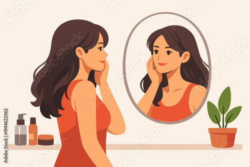 Beautiful Young Woman Smiling and Admiring Her Clear Skin in an Oval Mirror, Simple Flat Vector Illustration of Daily Skincare Routine, Self-Care, Beauty Treatment, and Morning Grooming Rituals.