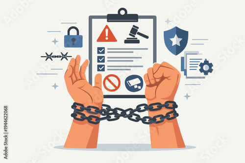 Hands Bound by Chains Before a Clipboard with Strict Regulation Icons, Gavel, and Padlock, Symbolizing Legal Constraints, Compliance, Bureaucracy, Law Enforcement, and Lack of Personal Freedom.