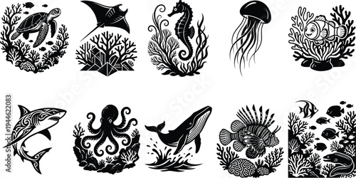 Set of marine life silhouettes including turtle, manta ray, seahorse, jellyfish, clownfish, shark, octopus and whale with coral reef underwater vector illustrations
