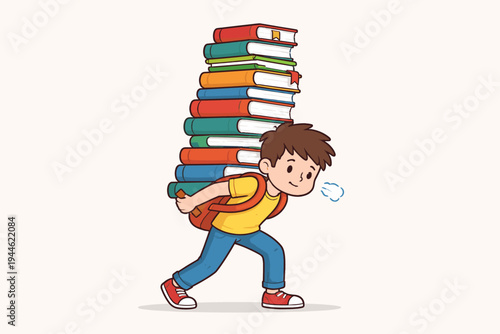 Flat Vector Illustration of a Young Boy Student Carrying a Massive Stack of Colorful Books on His Back, Symbolizing Heavy School Workload, Academic Pressure, and the Pursuit of Knowledge and Study.