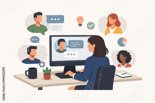 Flat vector illustration of a professional businesswoman sitting at a desk working on a computer and communicating online with a diverse remote team via video call, chat, and collaboration.