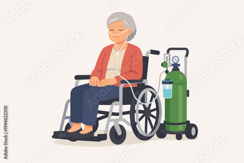 Senior Woman with COPD Sitting in a Wheelchair Receiving Oxygen Therapy from a Green Tank with Nasal Cannula, Elderly Patient with Respiratory Disease, Medical Care Flat Vector Illustration