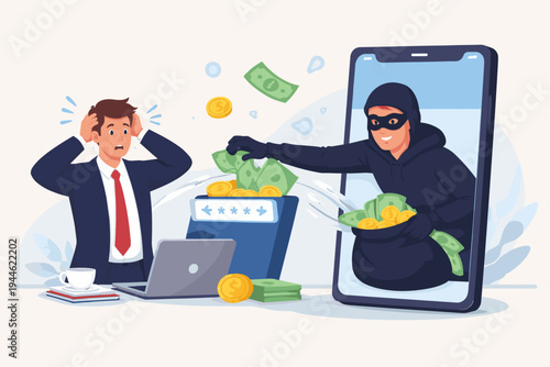 Vector illustration of a shocked businessman watching a masked cyber thief reaching out of a smartphone screen to steal money and coins from his secure online bank account and laptop computer.