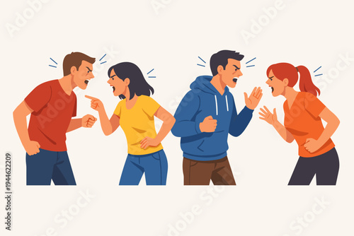 Flat Vector Illustration of Angry Men and Women Yelling and Shouting at Each Other in Heated Arguments, Representing Conflict, Relationship Stress, Social Issues, and Intense Emotional Disagreement