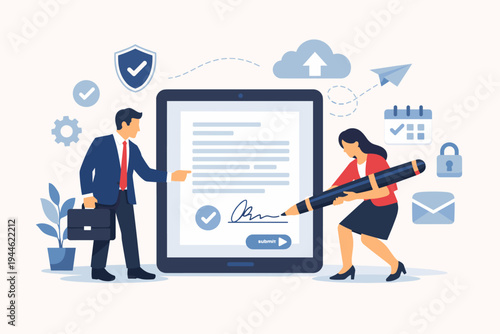 Business people signing digital contract on tablet. Flat vector illustration of electronic signature, online agreement, paperless office, and secure document management with various icons.
