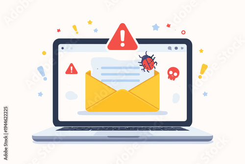 Flat Vector Illustration of a Laptop Screen Displaying a Spam Email Envelope with a Malware Bug, Warning Signs, and Skull Icon Representing Cyber Security Threats, Phishing, and Online Data Fraud.