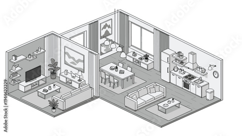 Modern open plan apartment floor plan in isometric grayscale view showing the living room, kitchen, and dining area with furniture details.