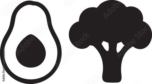 Black Silhouette Icons: Avocado Half & Broccoli Floret