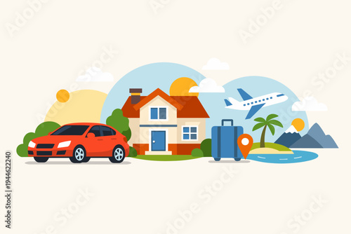Flat Vector Illustration of Travel and Lifestyle Dreams Featuring a Red Car, Suburban House, Suitcase, Airplane, Tropical Island with Palm Tree, and Mountains for Vacation Planning and Insurance.