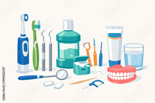 Flat Vector Illustration of Dental Cleaning Tools and Oral Hygiene Products Set Including Electric Toothbrush, Mouthwash, Toothpaste, Dental Floss, Dentures, and Mirror for Healthy Teeth Care.