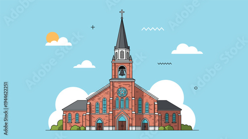 Red brick church with a tall steeple stands peacefully under a clear blue sky with white clouds and a golden sun.