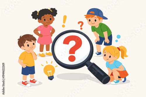 Curious children standing around a large magnifying glass with a red question mark, exploring ideas and searching for answers, diverse group of kids in a simple flat vector illustration style.