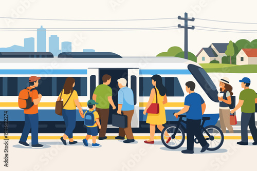 Vector Illustration of Diverse People Boarding a Modern Train at a Suburban Railway Station with City Skyline Background, Commuters Traveling via Public Transport in Simple Flat Design Style