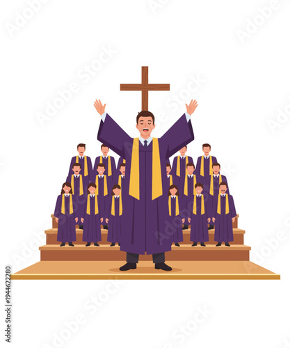 Graduation choir conductor leading celebration with cross vector illustration flat design