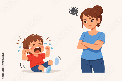 Flat vector illustration of a naughty little boy crying and having a temper tantrum on the floor while his disgruntled young mother stands with arms crossed looking stressed and annoyed at him.