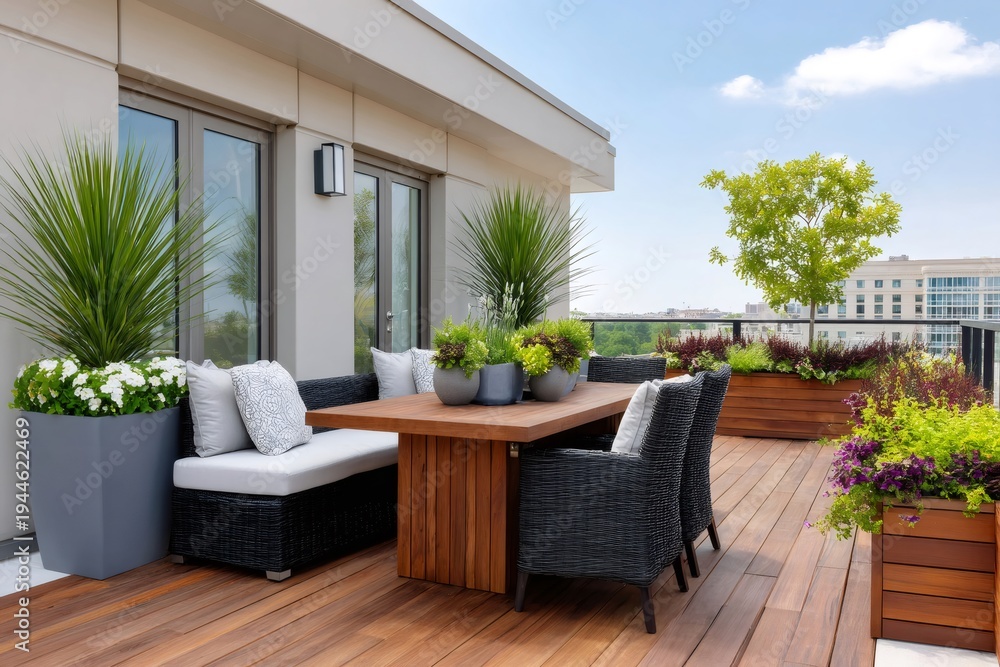 Naklejka premium Modern rooftop terrace dining area with outdoor furniture