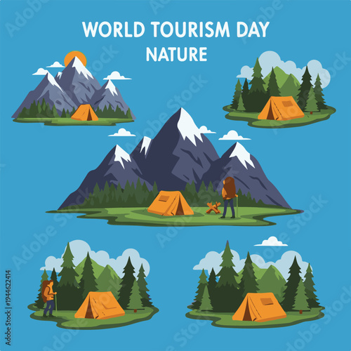 World Tourism Day Nature and Camping Illustration Set with Mountains, Pine Forests, and Tents for Outdoor Adventure and Eco-Tourism Design