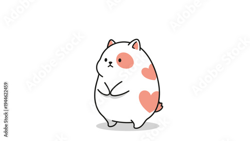 Sweet cartoon illustration of a plump white animal character with pink heart spots standing on a plain background.