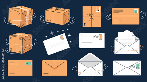 Assorted cardboard boxes and paper envelopes float against a dark background representing shipping and logistics.
