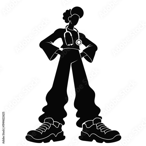 Vector silhouette illustration of a medical professional with a stethoscope, exuding confidence and ready for duty