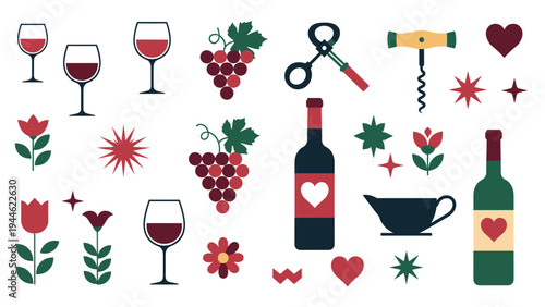 Comprehensive collection of wine themed icons including bottles, glasses, grapes, corkscrew, and festive floral elements.