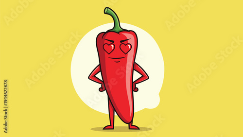 Spicy red chili pepper cartoon character with heart eyes standing confidently against a yellow circle background.