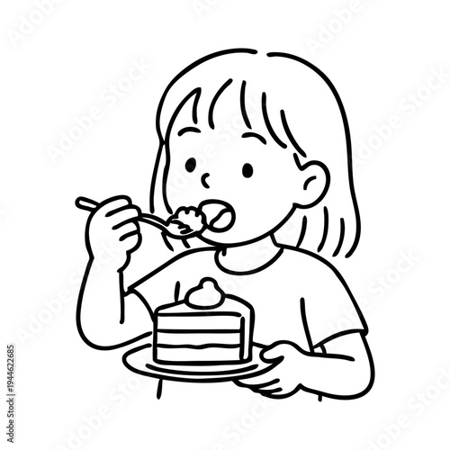 Dibujo sencillo con líneas de una niña comiendo una porción de tarta con plato y tenedor