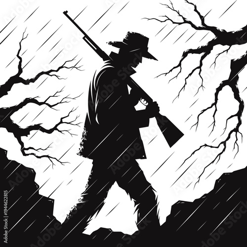Vector silhouette illustration of a determined hunter, clad in a hat, walking through a desolate, rain-swept forest, his rifle poised amidst the gnarled tree branches during a storm