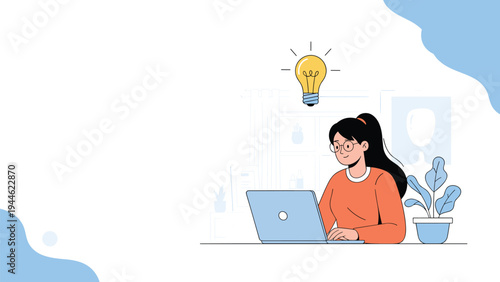 Creative business woman working on her laptop computer with a bright light bulb idea symbol appearing above her.