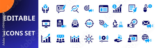 Business marketing analytics flat icons set. digital marketing, ecommerce store, seo growth, email campaign, customer target, finance chart, web dashboard, online video