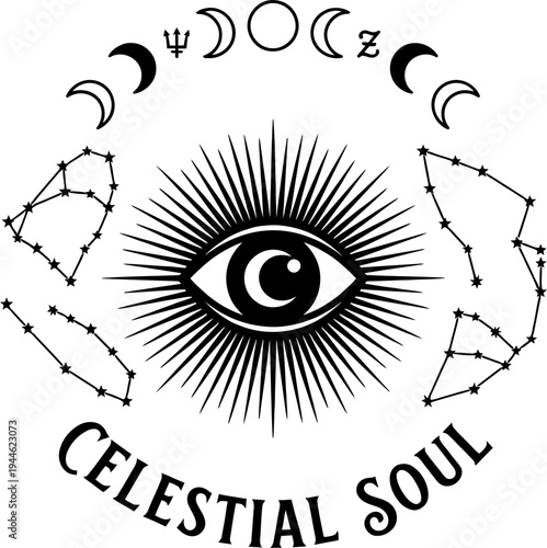 All seeing eye with moon phases and constellations celestia