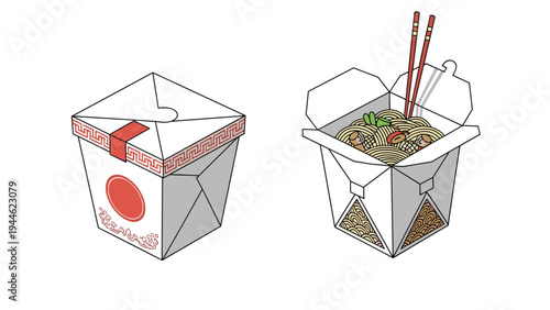 Traditional Chinese takeout boxes shown both closed and open with steaming noodles and red wooden chopsticks.
