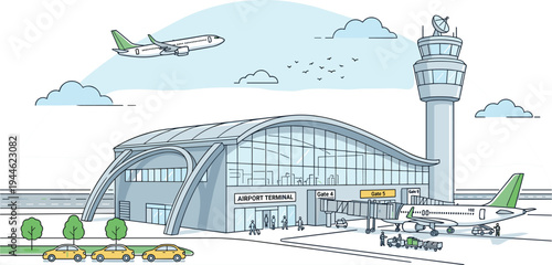 Modern airport terminal building vector illustration with passenger airplane control tower and yellow taxi cabs for travel concept