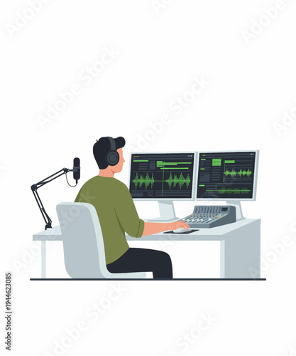 Female sound engineer working with audio software vector illustration flat design