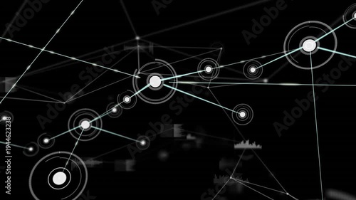 Pulsing central hub sending thin cyan lines to peripheral nodes on black data-display plane, HUD