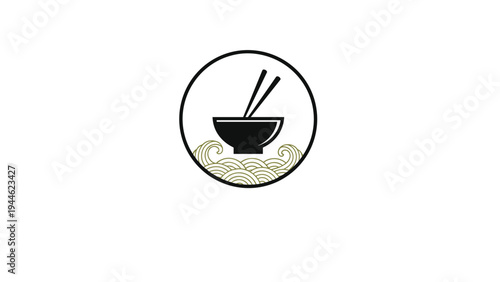 Japanese noodle restaurant logo featuring a black bowl with chopsticks placed over stylized ocean waves in a circle.