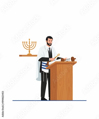 Jewish rabbi reading Torah at podium with menorah vector illustration flat design
