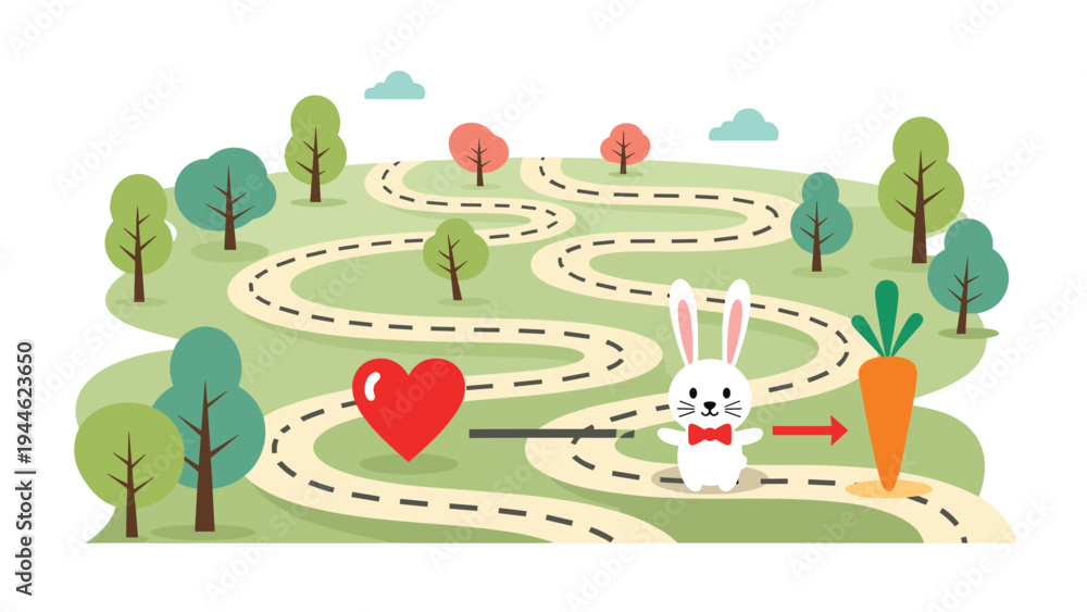 Obraz premium Cute landscape illustration showing a path through a park where a rabbit is choosing between a heart and a carrot.