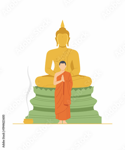 Golden Buddha statue meditating with monk vector illustration flat design